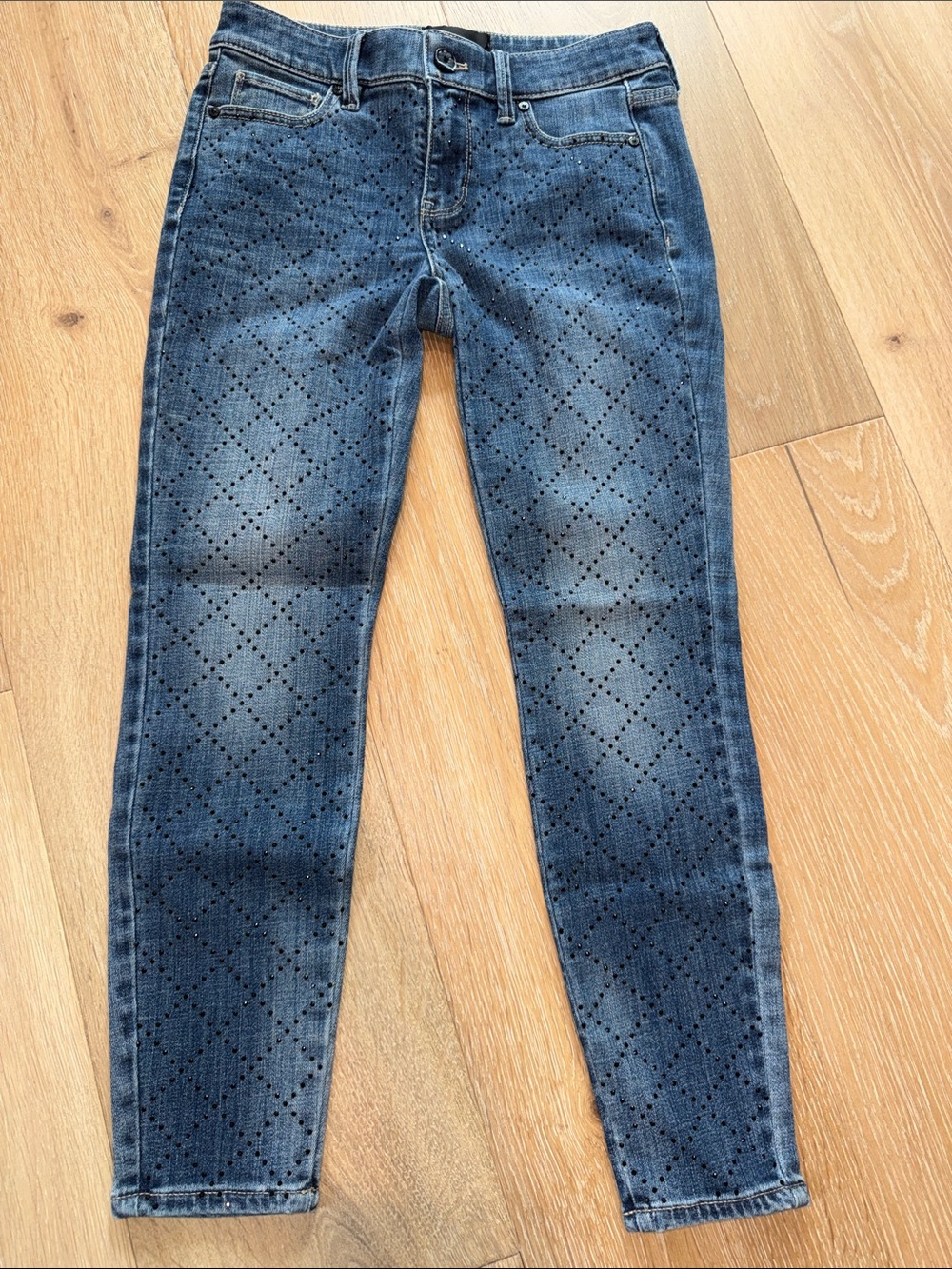 White House Black Market Women’s Dark Blue Perforated Diamond-Pattern Jeans